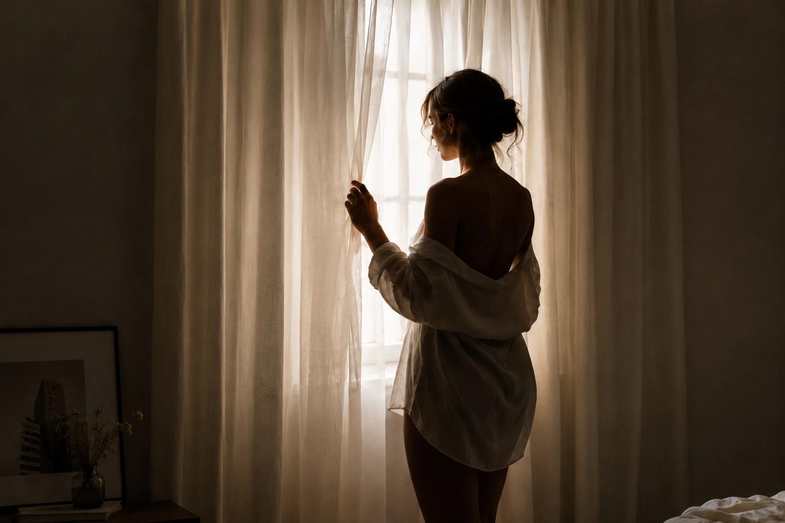 Moment de repos près d’une fenêtre voilée