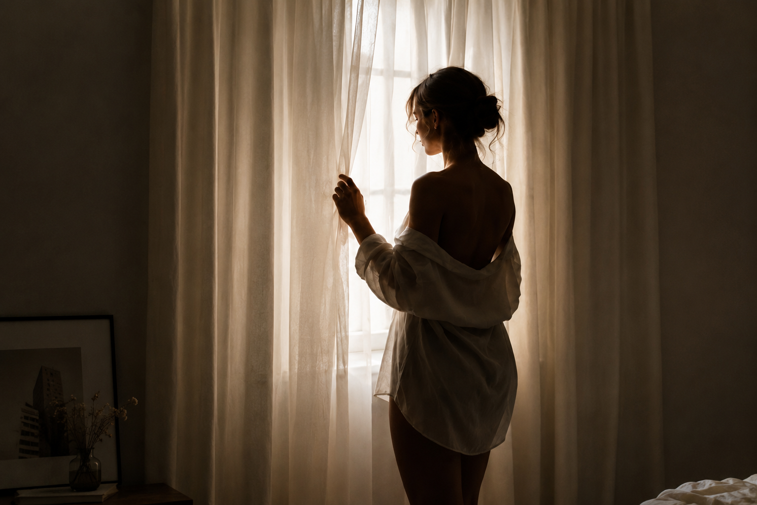 Moment de repos près d’une fenêtre voilée