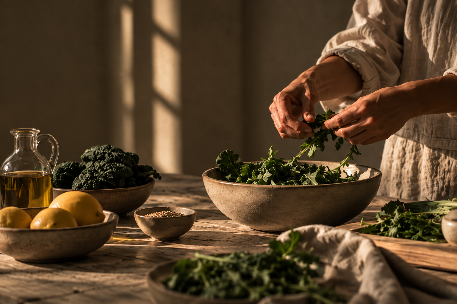 Table dressée, produits frais et lumière naturelle