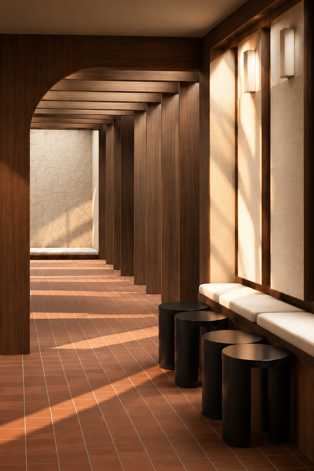 Couloir voûté du studio Almaé, boiseries, banquette et tabourets en bois sombre